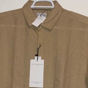 Ike Behar Linen Blend Textured Woven Mustard Camp Shirt Size L NWT